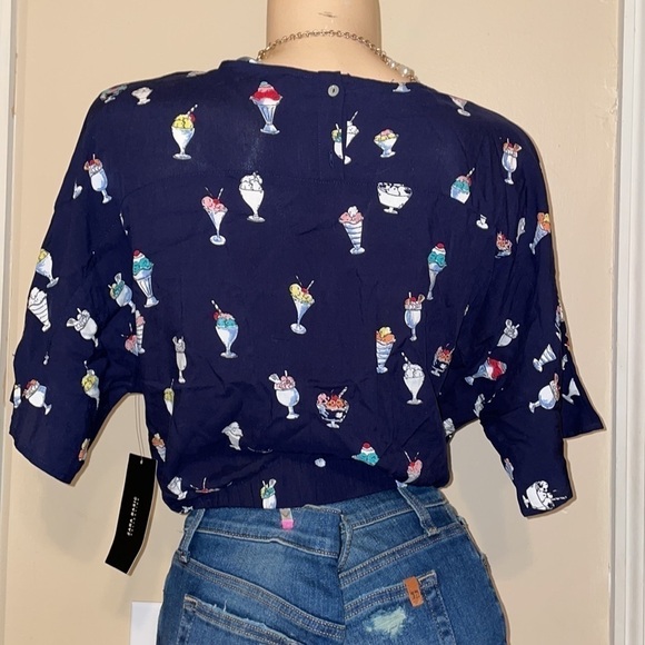 Zara women’s shirt blouse Medium top ice cream sundae print tie navy blue - Picture 3 of 9